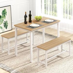 Rovibek 43" Dining Table Benches Set for 4, Modern Space Saving Kitchen Table Chairs & Adjustable Feet Breakfast Table 2 Benches, Wooden Industrial Style Farmhouse, White