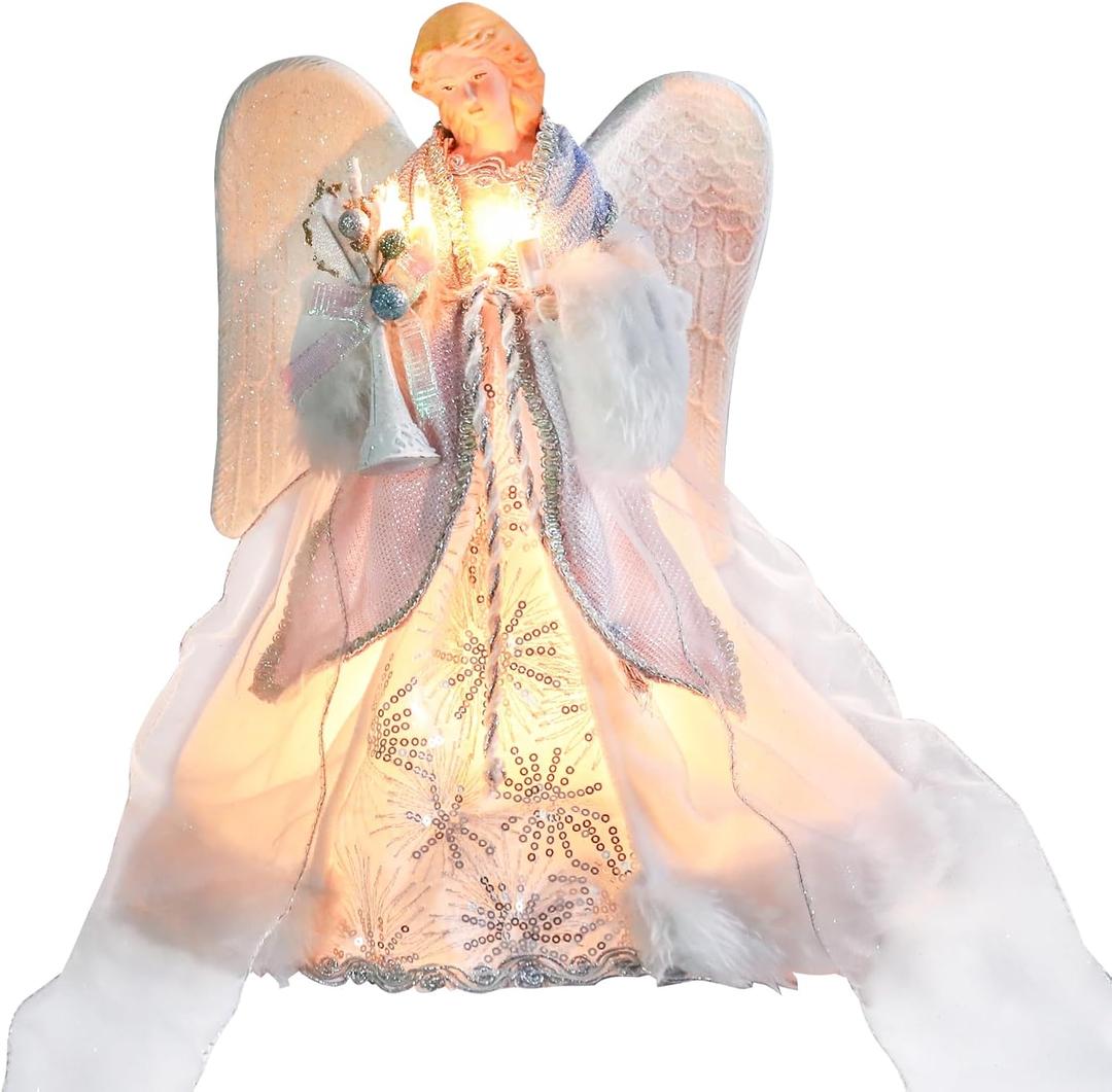 MUMTOP Lighted Christmas Angel Tree Topper, 12 Inch Luxury Blue White Fabric Angel Tree Top Figurine with Lights for Christmas Tree Decoration Indoor