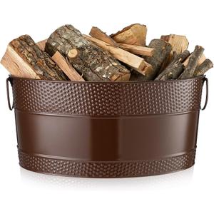 1 Pcs Firewood Log Bucket 15.8 Inch Galvanized Tub Fireplace Rack Holder with Handles, Fireplace Wood Storage Decorative Bin for Hearth Indoor Outdoor, Winter Rustic Decor (Copper)