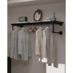 Clothes Rack 42in, Wall Mounted Garment Racks with Real Black Wood Shelf, Heavy Duty Hanging Clothes Rack, Multi-Purpose Hanging Rod, Space-Saving Closet Storage