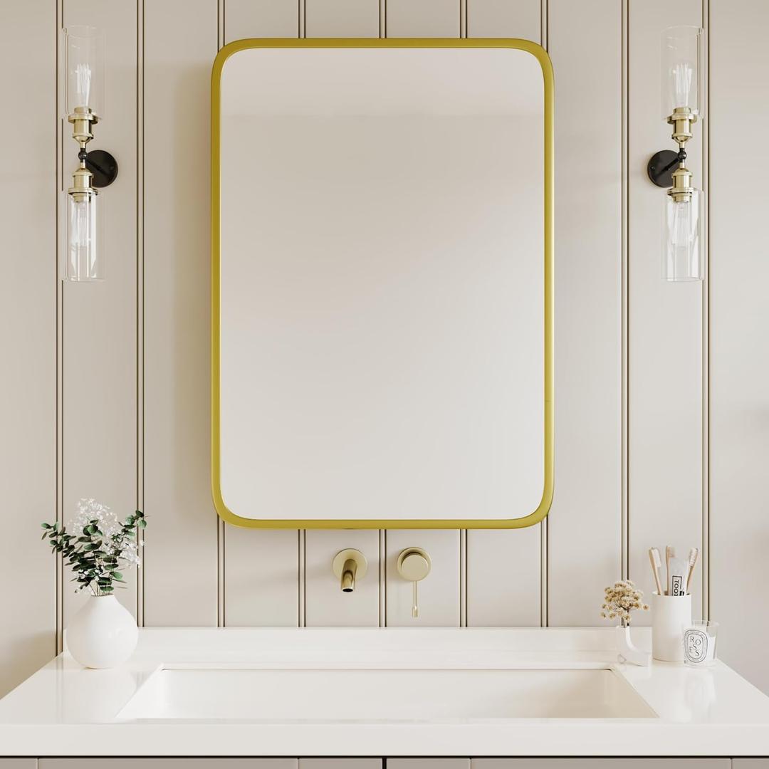 Bathroom Wood Black Cabinet with 20''x30'' Brushed Gold Metal Frame Curved Mirror, Recessed Medicine Cabinet, Bathroom Storage Cabinet