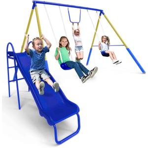 Sportspower My First Metal Swing Set with Slide, 4 Kids Max, Blue, Yellow