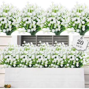 AmyHomie 20 Bundles Artificial Flowers for Outdoor Outside Spring Summer Decoration UV Resistant Faux Flowers No Fade Fake Plastic Plants Garden Porch Window Box Decorating (Pure White)