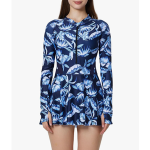 ECUPPER Women Long Sleeve Swim Dress Rash Guard Zip Front One Piece Swimsuits Modest Surfing Skirt Bathing Suit with Shorts XL