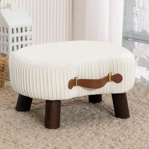LUE BONA Small Curved Foot Stool with Handle, Beige Velvet Footstool and Ottomans, Modern Foot Rest with Wooden Legs, Step Stool with Padded Seat for Couch, Living Room