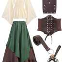 Hillban Women Medieval Renaissance Dress Costume Halloween Blouse Top Skirt Pouch Bottle Corset Belt Medium