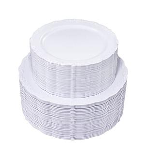 U-QE 90Pieces White Plastic Plates - White Disposable Plates - Premium Hard Plastic Disposable Plates for Wedding and Party Use Including  Dinner Plates 10 '' & Dessert Plates 7.5 ''