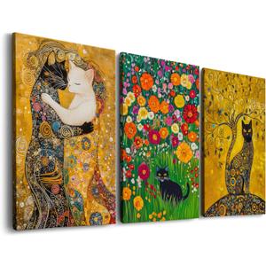 Gustav Klimt Canvas Wall Art Vintage Black Cat Painting, Cute Posters Cat Room Decor - Famous Paintings with Cats Reproduction, Klimt Tree of Life The Kiss Garden - Framed Set of 3 Ready to Hang (12''x16'')