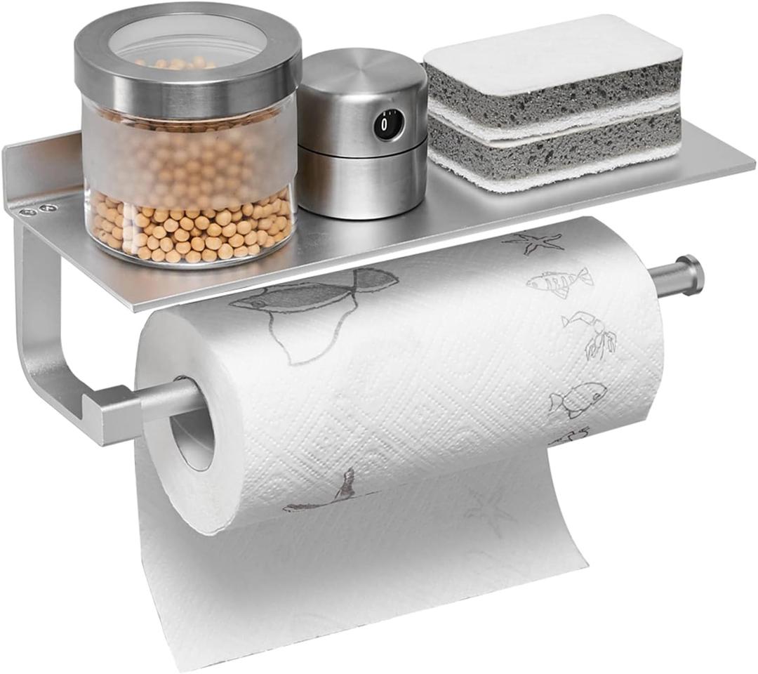 BESy Adhesive Paper Towel Holder Wall Mounted for Kitchen 13 in, Bathroom Tissue Roll Hanger with Storage Shelf, Space Aluminum, Self Adhesive with Glue or Wall Mount with Screws, Dull Polished Silver