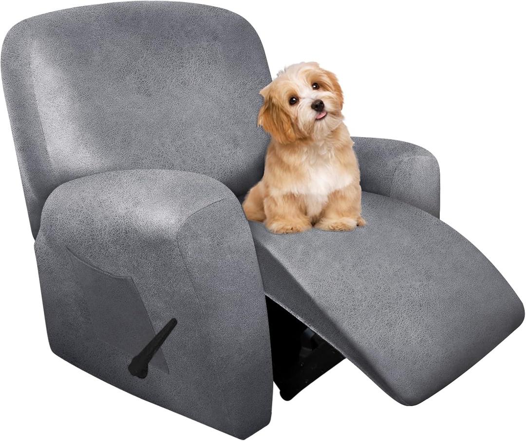 molasofa Recliner Chair Covers - 4 Pieces Leather Like Large Recliner Chair Covers with Pocket Waterproof Non Slip Stretch Recliner Slipcover for Lazy Boy Recliner Chair Washable (Light Grey) (1 Seater, 01-light Grey)
