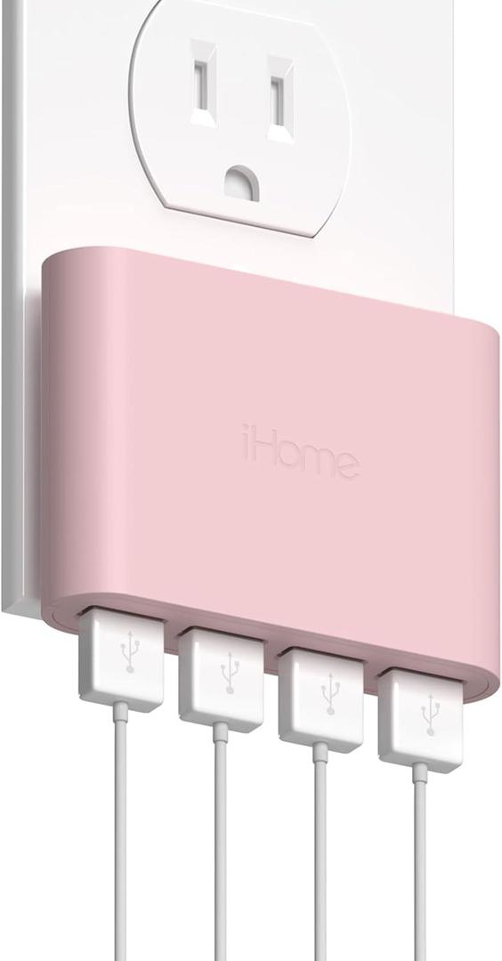 iHome Slim 4-Port USB Wall Charger, AC Pro Multiport Plug Adapter, Phone Charging Block with 4 Ports, Flat USB Wall Adapter for Home & Travel (Pastel Pink)