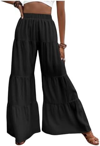 Floerns Women's Elastic High Waist Ruffle Wide Leg Pants Loose Beach Palazzo Pants, Medium