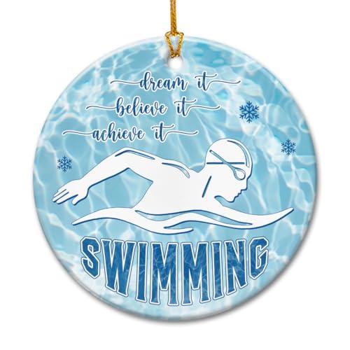 Swimmer Christmas Ornament 2025 - Swimming Ornaments for Christmas Tree, Swimmer Gifts for Men, Women, Sports Gift Ideas, Swim Gifts for Athletes, Coaches, Team - Ceramic Hanging Decorations, Pack Of 2