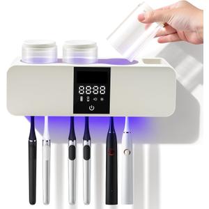 Wall-Mounted Smart Toothbrush Holder with Drying Function,Washroom Toothbrush Clean Holder No Drilling Required, with 3 Cups for Family (White)