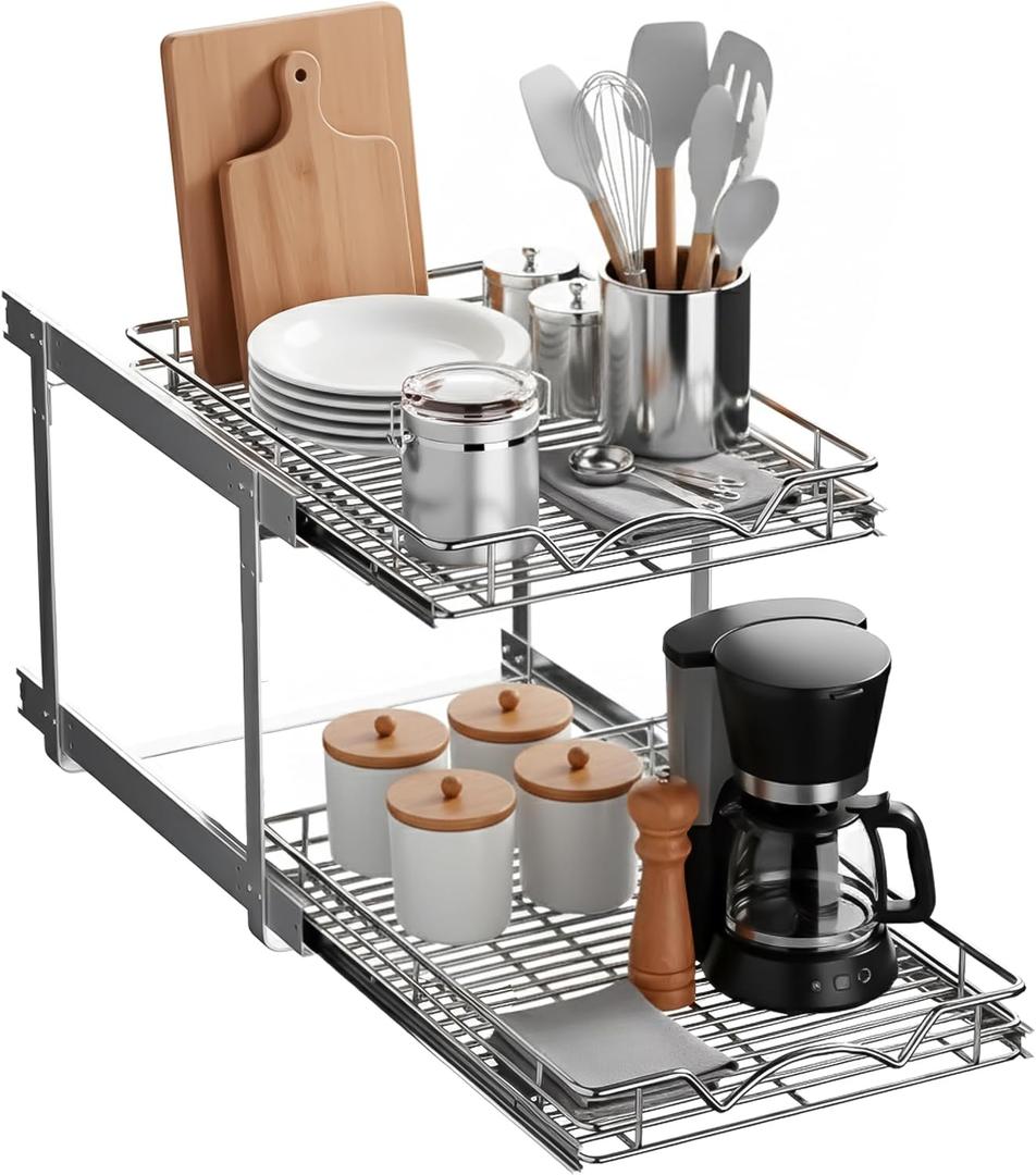 2-Tier Pull-Out Cabinet Organizer with Heavy-Duty Steel Frame, Full-Extension Sliding Shelves, Holds 100 lbs, Easy Install for Kitchen, Pantry & Under Sink Cabinets, 15" W x 21D x 16.5" H