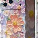UEEBAI Flower Case for iPhone 17 Pro Max Case, Colorful Retro Oil Painting Girly Phone Cover Pretty Glossy Pattern Wave Cover Cute Sparkly Floral Curly Shell for Women and Girl, Pink Purple