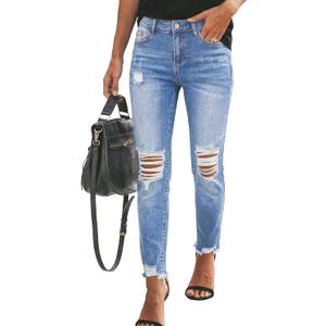Sidefeel Women's Boyfriend Jeans Stretchy Ripped Distressed Zimbaplatinum Denim Pants Size 16(Blue)