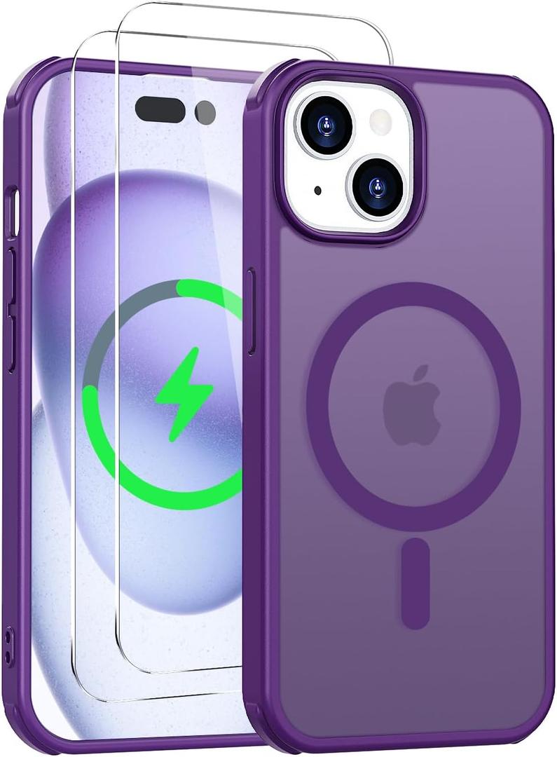 Magnetic for iPhone 15 Case [Compatible with MagSafe] with 2X Screen Protector, Military-Grade Slim Shockproof Phone Cover Translucent Anti-Fingerprint Anti-Scratch for iPhone 15 6.1'', Purple
