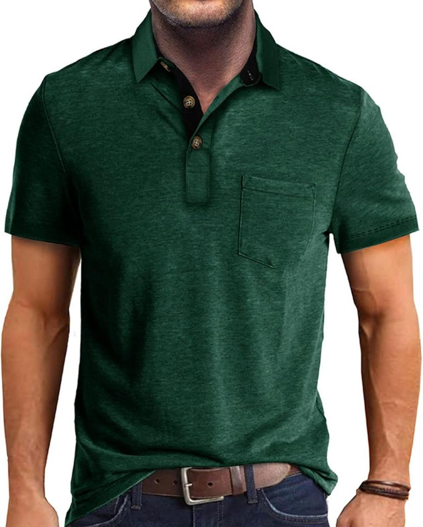 Men's Casual Polo Shirts Classic Button Basic Short Sleeve Shirt Solid Color Cotton Tees Golf Stylish Tops (X-Large)