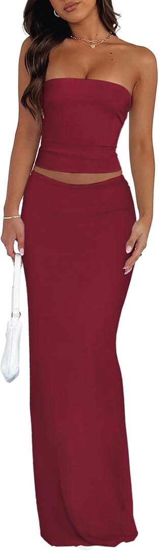 Goafuliy 2 Piece Skirt Sets for Women Summer, Floral Sleeveless Tube Top Bodycon Maxi Skirts Y2k Vacation Going Out Outfits, Small