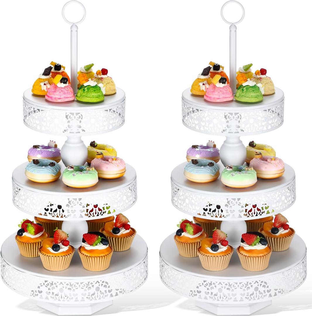 Dandat 2 Pcs Cupcake 3 Tiered Metal Dessert Stand Round Cupcake Tower Cake Holder Stand Tiered Serving Tray for Wedding Baby Shower Birthday Tea Party Table Decor(White)