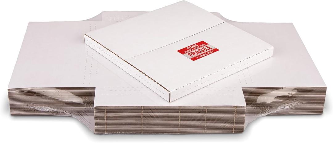 White Vinyl Record Mailers 12.8x12.8x1 inch LP Mailing Corrugated Cardboard Boxes, Easy Fold, Multi Depth Album Shipping Boxes with Fragile Stickers, 50 Pack