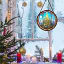 Stained Glass Window Hanging, Golden Glow Christmas Tree Round Sun Catchers Glass Panel Suncatcher Decor for Home, 7.8Inch. (020)
