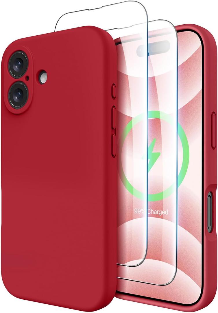 OTOFLY Compatible with iPhone 16 Case, Compatible with MagSafe, Shockproof Magnetic Silicone Case for iPhone 16,[Military Grade Protection] [2 Pack Screen Protectors], Red