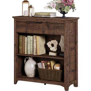 BON AUGURE Rustic Bookshelf Bookcase, Wood Book Shelf with Drawer, 3 Tier Book case for Small Space, Low Book case for Living Room, Home Office, Bedroom (Rustic Oak)
