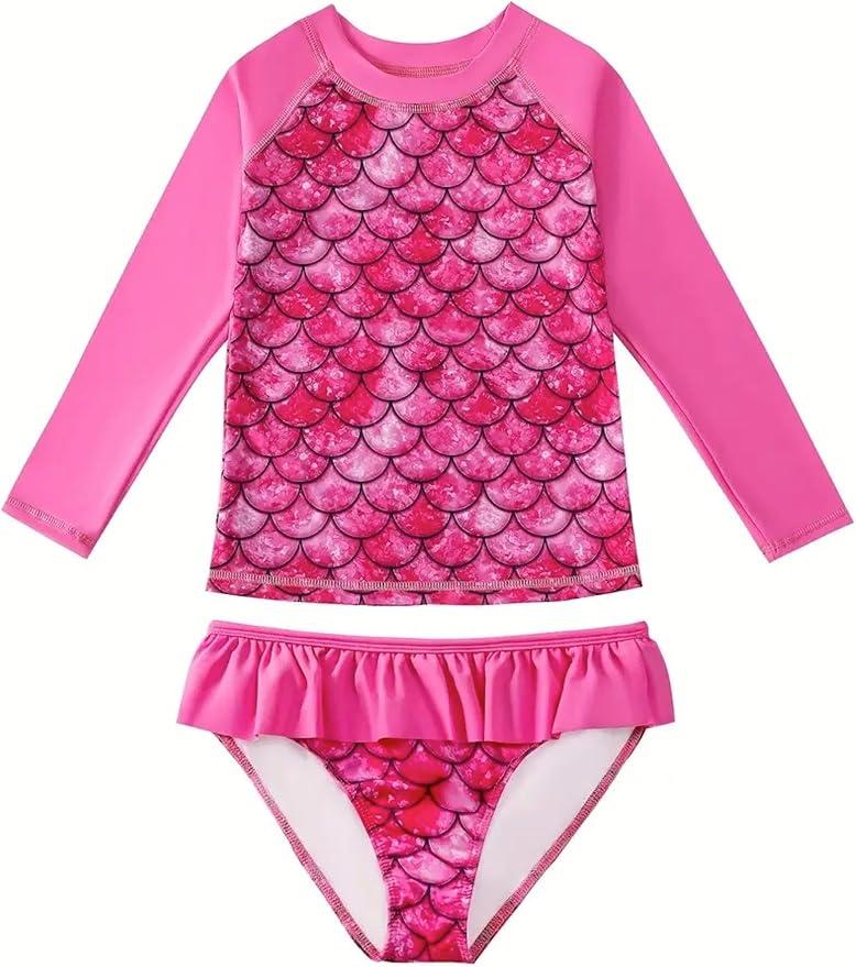upandfast Girls Rash Guard Set Long Sleeve Two Piece Swimsuit with UPF 50+ Sun Protection for Girls 3-8 Years (Pink Flower)