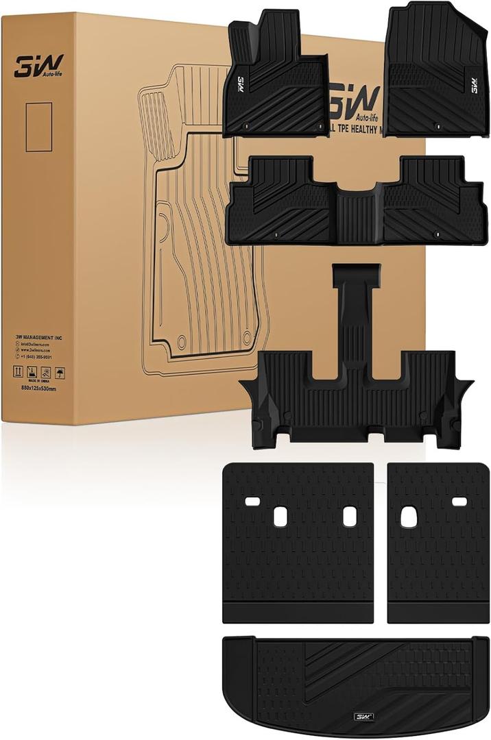 3W Floor Mats & Cargo Liner with Backrest Mats for 2025-2020 Kia Telluride 7&8 Seats, TPE All Weather Custom Fit Floor Liners with Full Set Kia Telluride Floor Mats & Trunk Mats Accessories, Black
