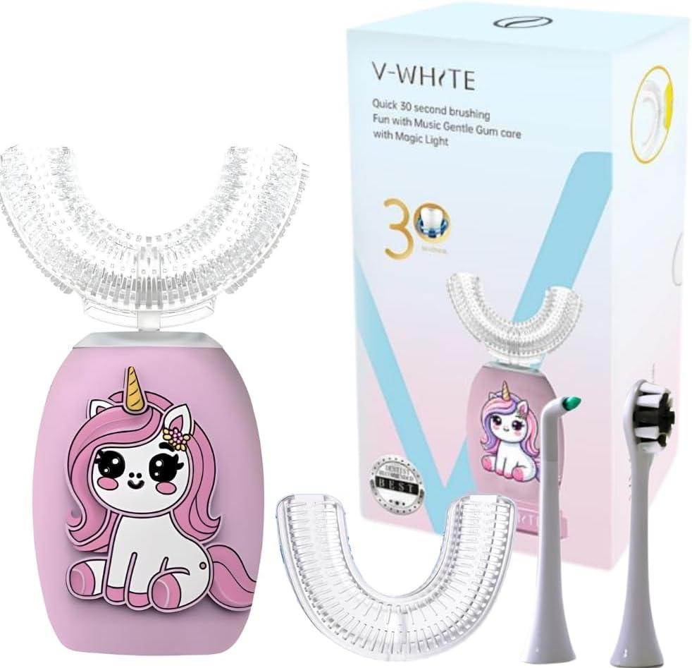 V-WHITE Kids Auto Brush Ultrasonic U-Shaped Toothbrush 360 Teeth Cleaning, Hands-Free Electric Autobrush for Kids Gum Protection, Waterproof IPX7, Wireless Charging (Pink)