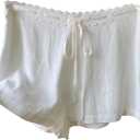 MakeMeChic Women's Lace Trim Elastic Waist Shorts Tie Front Summer Mini Shorts Lounge Shorts (Medium, White)