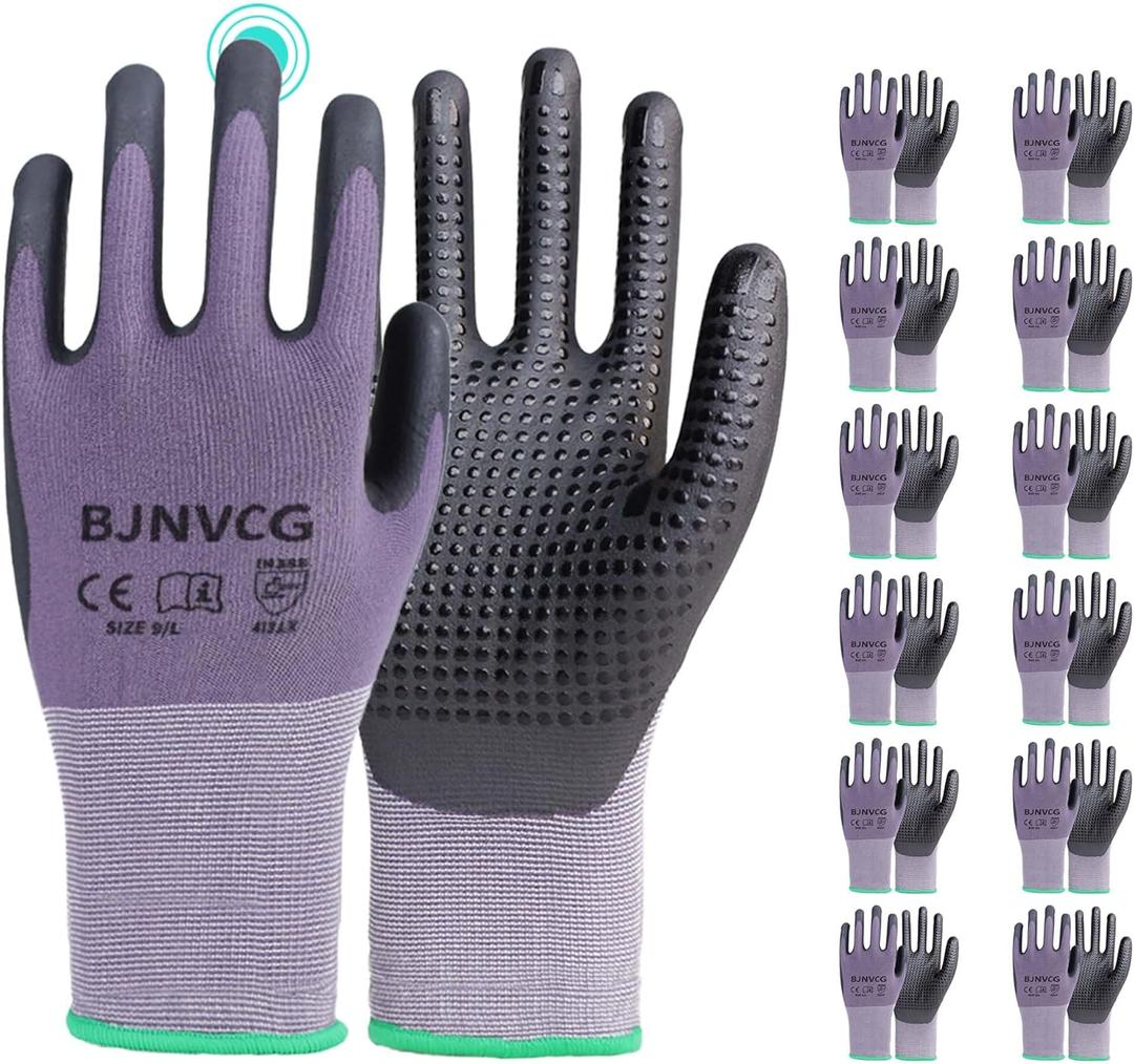 12 Pairs Work Gloves MicroFoam Nitrile Coated Safety Gloves, Dotted for Non-Slip Grip, Touchscreen, Ideal for Warehouse Package Handling, Construction, Gardening, Gray Large Work Gloves for Men