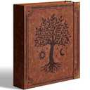 Ovesmusl Leather D Ring Binder Fits 8.5"x11" Letter Size Paper, 2 Inch D Ring Binders Holds 550 Sheets, Notepad Paper Cover Loose Leaf Organizer with Inner Pockets, Brown Tree