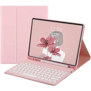 Keyboard Case for Galaxy Tab A8 10.5 Inch 2022 Model (SM-X200/X205/X207) - Slim Leather Folio Cover with S Pen Holder - Magnetically Wireless Detachable Keyboard - Round Keys (Pink)
