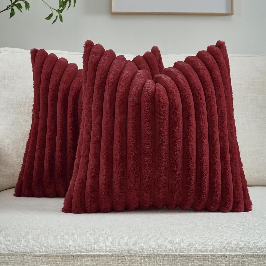 FUTEI Pack of 2 Solid Faux Fur Plush Throw Pillow Covers 16x16 Inch Soft Fluffy Striped Decorative Cushion Cases Modern Farmhouse Accent for Couch Bed Living Room, Burgundy