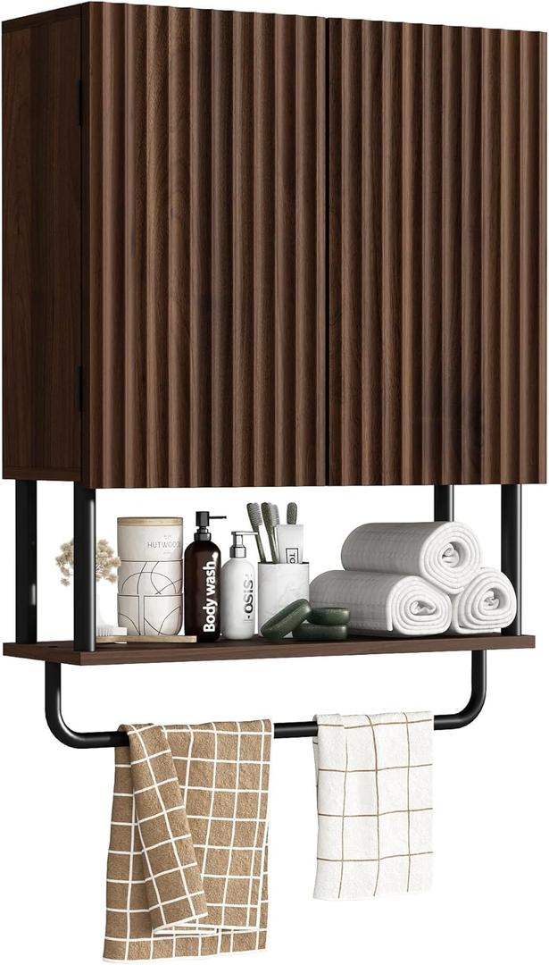 RUSTOWN Fluted Bathroom Wall Cabinet with 2 Doors, 3-Tier Modern Farmhouse Medicine Cabinet, Over The Toilet Storage Cabinet with Adjustable Shelf and Towel Bar (Dark Walnut, Medium)