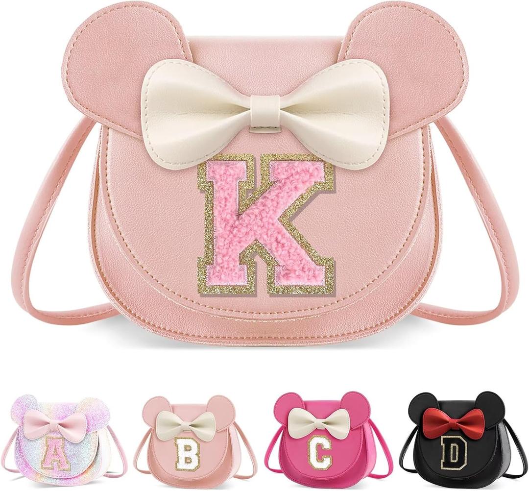 XSUIOY Toddler Purse Girl Wallet for Kids 2-9 Year Old Birthday Gifts,Cute Mouse Ear Bow Crossbody Shoulder Purses,Personalized Initial Purse Toddler Wallet Gifts for Little Girl(pink-K)