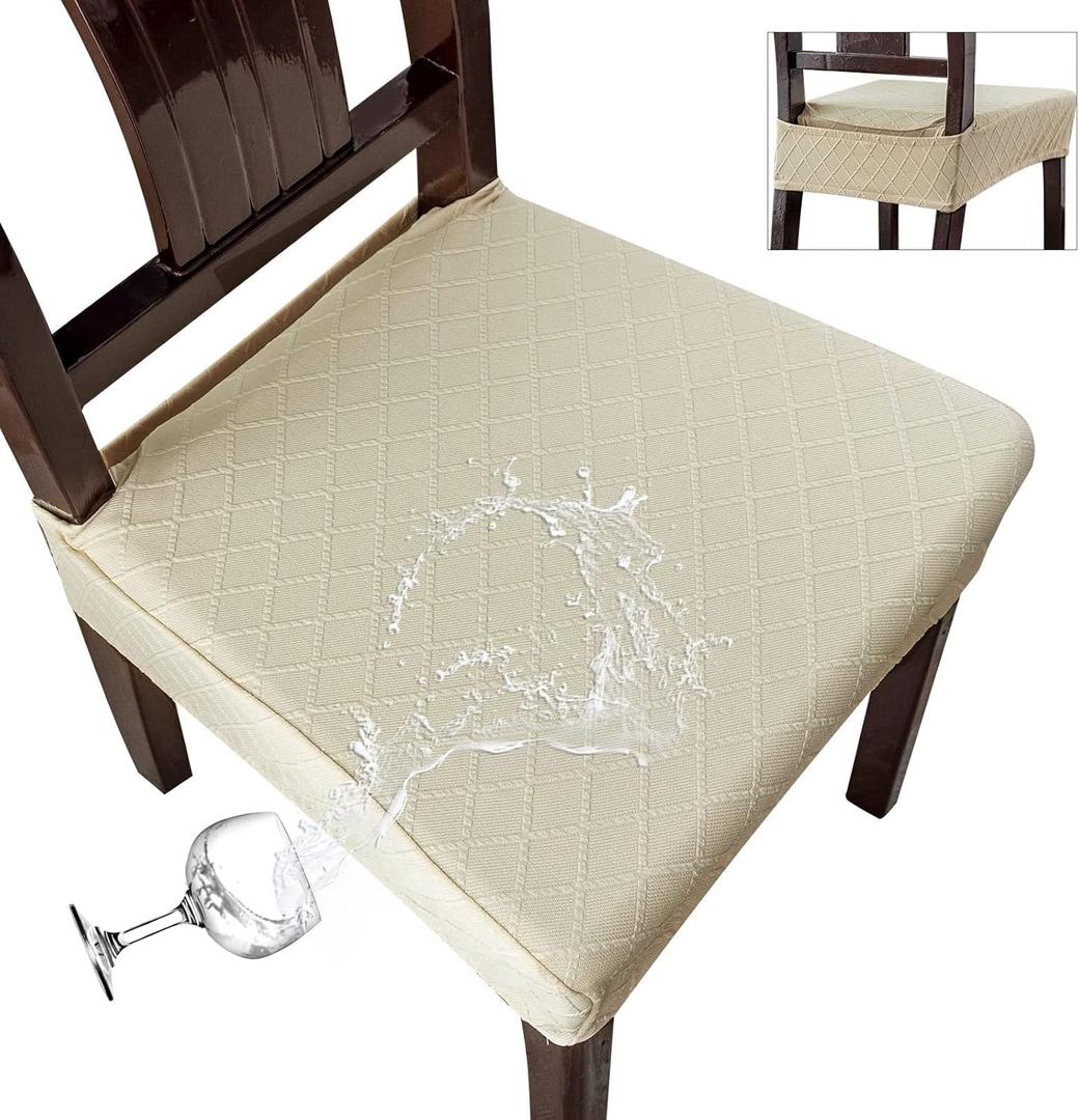 Genina Waterproof Seat Covers for Chairs,Set of 6 Dining Room Chair Seat Covers for Kitchen,Stretch Jacquard Removable Washable Dining Chair Slipcovers Protectors with Rear Covers, Beige