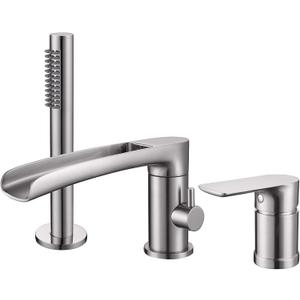 TapLong Waterfall Roman Tub Faucet with Hand Shower, Widespread Deck Mount Bathtub Faucet with Sprayer, Single-Handle 3-Holes Bathtub Shower Faucet Set in Brushed Nickel, 03119BN