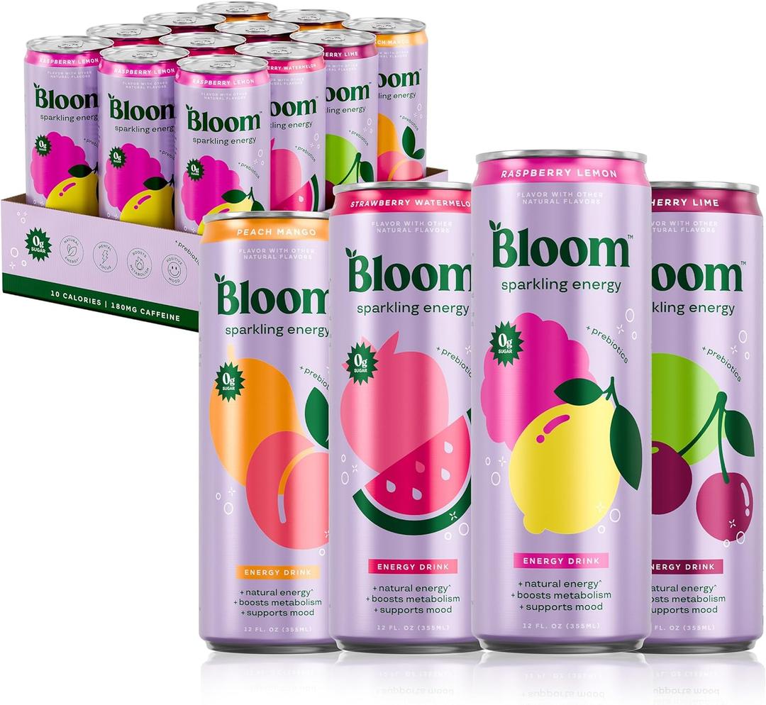 2 x Bloom Nutrition Sparkling Energy Drink - Variety Pack - Natural Caffeine, Zero Sugar, 180mg Caffeine - Antioxidant-Rich with Green Coffee Bean, Green Tea Extract, Prebiotics - 12oz 12 Pack (EXP 12/01/26)