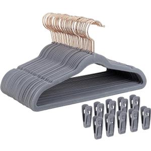 Tonswachic Kids Velvet Hangers 30 Pack - 14 Inch Premium Non Slip Kids Felt Hanger for Clothes - Ultra Thin Baby Felt Hangers for Youth Childrens' Closet with 10 Hanger Clips - Gray