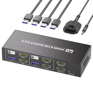 HDMI KVM Switch 2 Monitors 2 Computers, USB 3.0 4K60Hz Dual Monitor KVM Switch for 2 PC Share 2 Monitors and 1 Set of Keyboard Mouse and 4 USB Devices