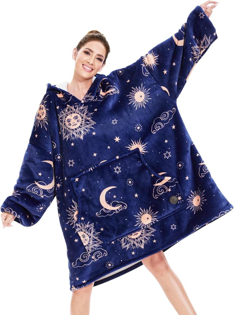 THREE POODLE Wearable Blanket Hoodie for Women, Oversized Sherpa Sweatshirt Blanket for Adults Men, Cozy Hooded Blankets, Gifts for Teen Girls Women Mom Sister (Deep Blue Star)