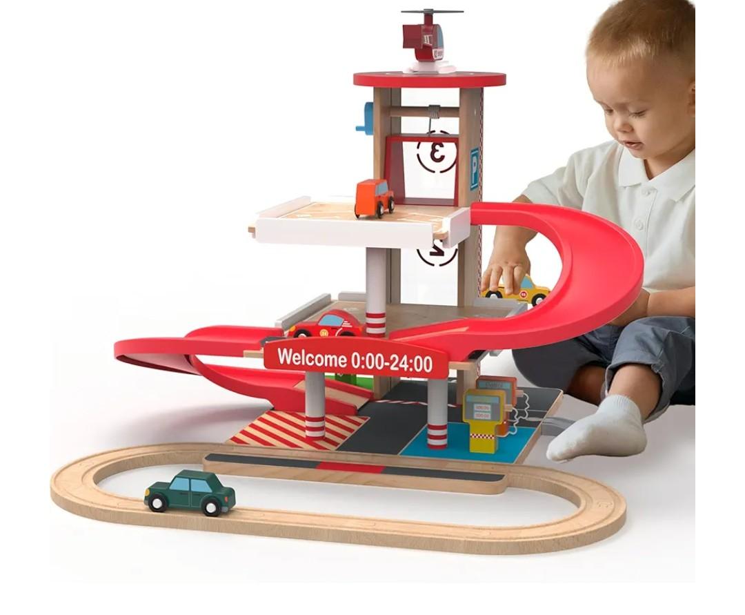 Toy Car Garage with Rails, Wooden Parking Garage Toy Playset w/Elevator, Toddler Race Car Ramp Track Toy Set with 4 Mini Cars for Old Boys and Girls Kids Ages 3+ Birthday Gift Christmas
