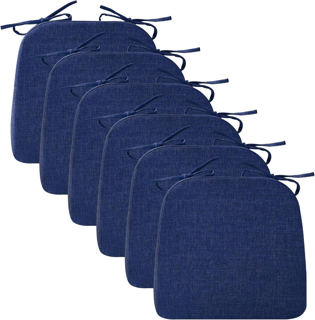 Ruqmuis Chair Cushions for Dining Chairs, 2" Thick Seat Cushions for Kitchen Chairs, D-Shaped Chair Pads with Washable Cover, Ties and Non Slip Backing, 17'' x 16'', Set of 6, Blue