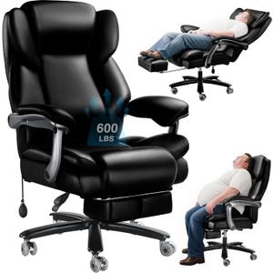 600lbs Big and Tall Office Chair for Heavy People,Heavy Duty Comfy Executive Office Desk Chair with Foot Rest&Adjustable Lumbar Support,High Back PU Leather Computer Chair,Metal Base,Rubber Wheel (Black)