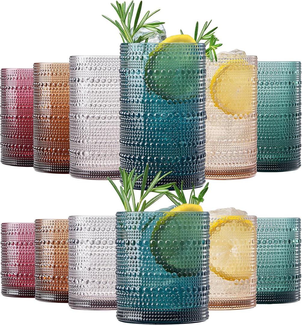 Khen Plastic Hobnail Drinking Glasses Set of 12 Neutral Tones Cups 6x 10oz Lowball & 6x 1oz Highball Acrylic Beaded Design, BPA-Free, Dishwasher Safe Indoor/Outdoor Drinkware Water, Juice, Cocktails (13 Ounces, Multicolor)