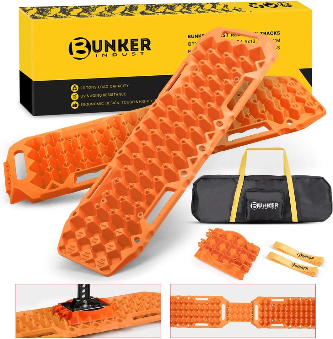 BUNKER INDUST Off-Road Traction Boards with Jack Lift Base,2 Pcs Multifunctional Recovery Track for 4WD UTV SUV Truck-Mud, Snow, Sand Tracks Orange Tire Traction Mat with Carry Bag (Gen 9th)